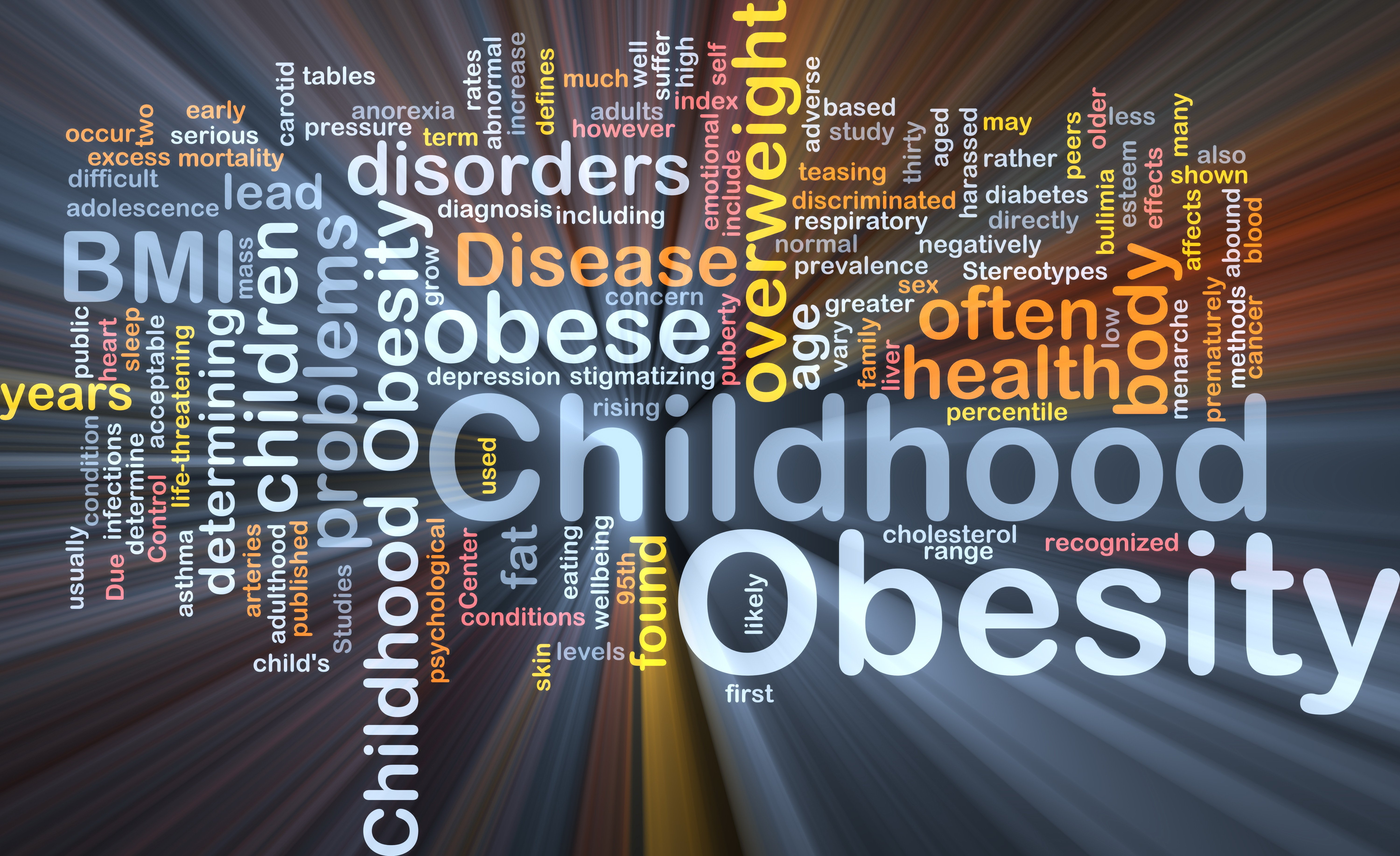 Background concept wordcloud illustration of childhood obesity glowing light